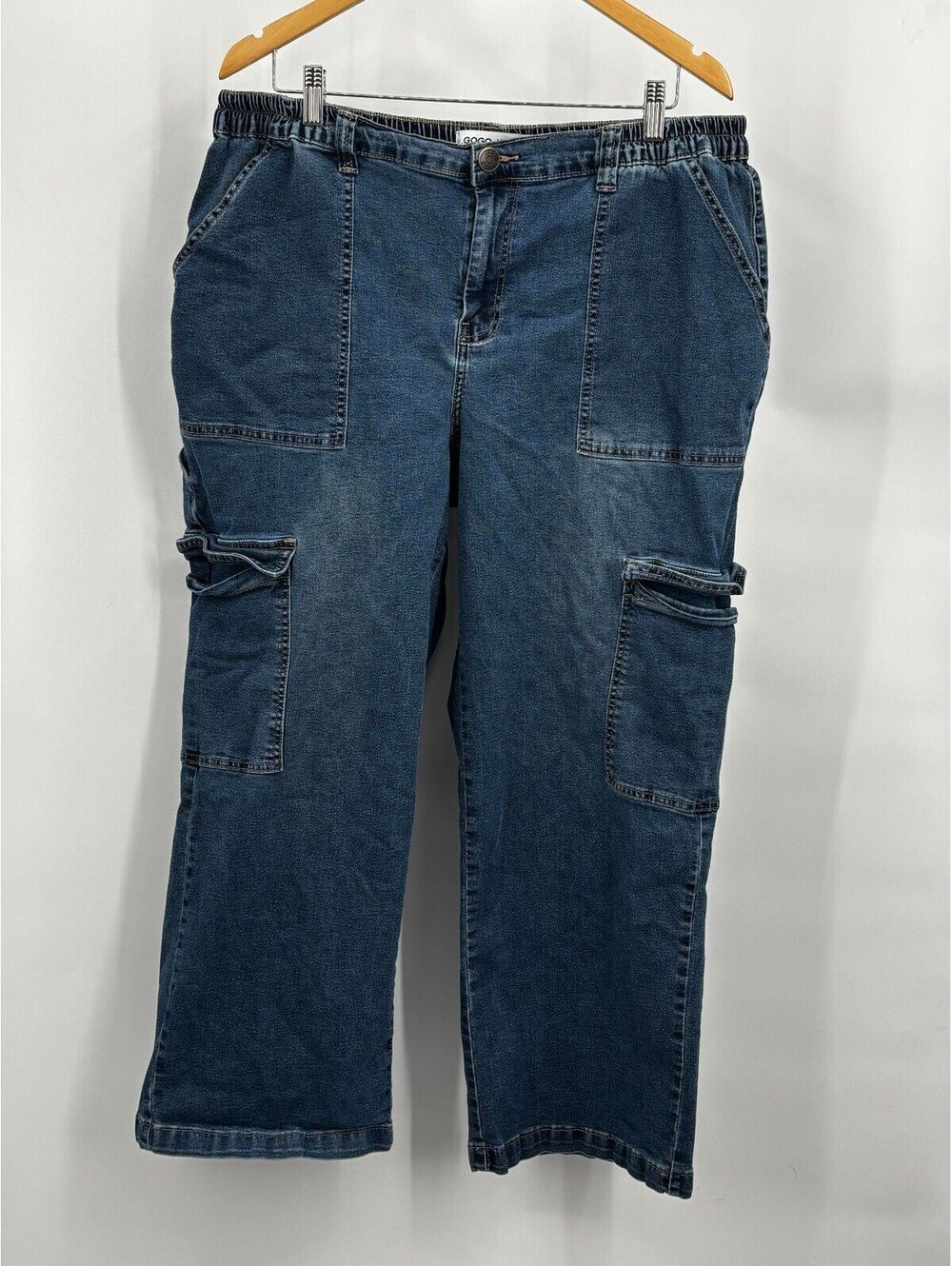 Gogo Jeans Women Skater Jeans Collection Blue Denim Cargo Pockets Wide Leg Sz 22